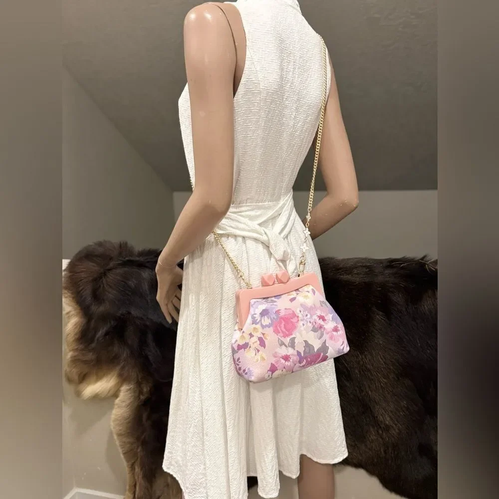 Floral Print Cowhide Leather Handmade Acrylic Frame Clutch Bag, 3 Straps Style